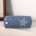 Detail of blue denim pencil case featuring stitched stars and a pink star charm - Denim Star Pencil Case (light Color With Star Charm)