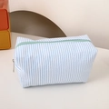 Detail of blue and white striped canvas pencil case with a light green zipper closure - Mint Green