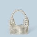 Handcrafted white pearl beaded Boston handbag with glossy finish and elegant handle - White