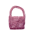 Pink handmade beaded handbag with smooth woven cylinders and openwork mesh design - Pink