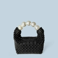 Handmade black beaded mini handbag with large white pearl handle in a vintage style - Black