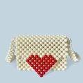 Handmade cream beaded crossbody bag featuring a red heart pattern with matching strap - Creamy White (Red Heart)