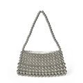 Handmade woven silver beaded tote bag with a metallic finish and white fabric lining - Silver