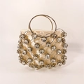 Elegante borsa a mano con perline color oro champagne e manico ad anello in metallo - Trasparente/Argento