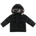 Kids black hooded puffer jacket with camouflage lining and quilted design for winter warmth - 90cm / Black (YR236)