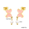 Macro detail of butterfly pearl earrings with pink enamel and 18K gold plated steel base - Pink Enamel (EA5A030FG)