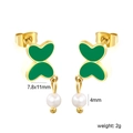 Detail view of 18K gold plated butterfly earrings with green enamel and 4mm white pearl - Green Enamel (EA5A030JG)