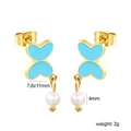 Golden butterfly pearl stud earrings with blue oil drip enamel and 4mm white pearls - Sky Blue Enamel (EA5A030KG)