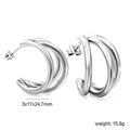 Boucles d'oreilles clous en acier inoxydable argenté triple couche au design 18K - Créoles en C à Trois Couches Argentées (EA598601S)