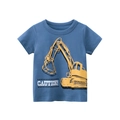 Blaues Kinder T-Shirt aus Baumwolle mit gelbem Bagger-Print und Caution-Schriftzug - 90cm / Armeeblau