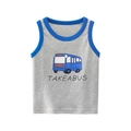 Gray cotton toddler tank top with blue bus print and contrast binding for summer wear - Cartoon Bus Print Style / Mixed Grey / 90cm