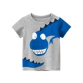 Kids grey cotton T-shirt with blue short sleeves and cartoon dinosaur print - 90cm / Heather Grey