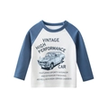 Kids long sleeve cotton T-shirt featuring raglan sleeves and vintage car graphic print - Off-white / Navy Blue (3030) / 90cm