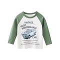 Kids long sleeve raglan t-shirt with vintage car print in white and forest green - Off-white / Sage Green (3030) / 90cm