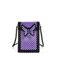 Close-up of handmade beaded crossbody bag with purple and black butterfly pattern beads - Purple