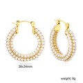 Detail view of gold hoop earrings with white pearls, size 26x24mm and weight 8g - Pavé White Pearl Hoop Earrings (EA332301G)