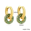 Detail view of gold-plated hoop earrings featuring emerald green crystal paved rings - Double Layer Nested Green Zirconia Vintage Earrings (EA5C150JG)