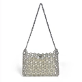Silver beaded woven shoulder bag with sparkling metallic beads and cream satin lining - Silver