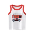 Kids cotton tank top with red fire truck print and white sleeveless crewneck style - Cartoon Fire Truck Print Style / Off White / 90cm