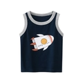 Dark blue sleeveless cotton vest for boys featuring a grey trim and cartoon rocket print - Cartoon Rocket Print Style / Dark Blue / 90cm