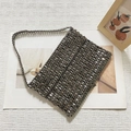 Silver woven beaded shoulder bag with flat round metallic beads and long strap - Black