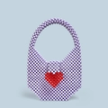 Bolso de cuentas hecho a mano lavanda con diseño de corazón rojo y asa circular - Morado