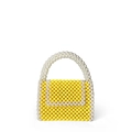 Handmade yellow beaded box handbag featuring white pearl-like bead accents and handle - Yellow