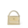 Handmade woven clear bead handbag with white pearl trim and floral detail - Orange
