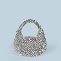 Close-up of shiny silver beaded handbag with multi-faceted metallic beads for parties - Silver