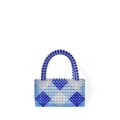 Handmade beaded handbag with blue and white diamond pattern and curved handle - Blue