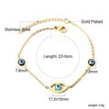 Detail showing dimensions and 22+5cm length of gold plated evil eye stainless steel anklet - Blue Evil Eye (AN11940MG)