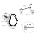 Detailansicht der Pinguin-Edelstahl-Ohrstecker mit Abmessungen und Schraubverschluss-Info - Silber (EA61970MS)