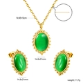 Vintage green cat-eye stone jewelry set with beaded gold oval pendant and earrings - Green (SE25870JG)