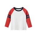 Kids long sleeve raglan t-shirt in white and red with sporty blue stripes and crew neck - Off-White / Rusty Red / 90cm