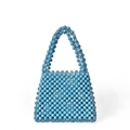 Borsa a mano azzurra fatta a mano con perle sfaccettate e manico superiore tondo - Blu