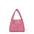 Borsa a mano rosa intrecciata a mano con perle sfaccettate e design con manico - Rosa