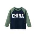 Kids long sleeve raglan t-shirt in navy and olive with white CHINA print - 90cm / Royal Blue & Ivy Green