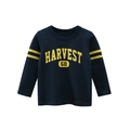 Boys navy blue long sleeve cotton t-shirt with yellow Harvest 68 print and sleeve stripes - Royal Blue