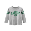Classic grey boys long sleeve t-shirt with green collegiate Harvest 68 print and sleeve stripes - Heather Grey / 110cm