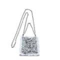 Detail of transparent ruffles and silver chain strap on clear acrylic evening clutch bag - Clear