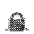 Close-up of handmade silver beaded crossbody bag with glossy metallic finish and handle - Silver
