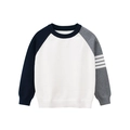 Pull en maille pour enfant avec rayures blanches contrastées sur la manche grise - 90cm / Bleu Blanc Gris