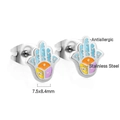 Detail of colorful Hamsa Hand stainless steel earrings with 7.5x8.4mm dimensions - Stainless Steel Silver Multi Hamsa Hand Stud Earrings (EA13730MS)