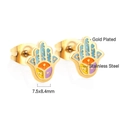 Detailed macro view of gold-plated Hamsa Hand stud earrings with colorful enamel oil drip - Stainless Steel Gold Multi Hamsa Hand Stud Earrings (EA13730MG)