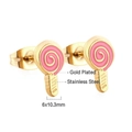 Detail of pink lollipop stud earrings with dimensions 6x10.3mm in gold plated steel - Stainless Steel Gold Pink Lollipop Stud Earrings (EA13740QG)