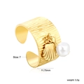 Detail of 18K gold ripple cuff ring with seashell and pearl charms showing size and weight - Gold Wavy Texture Shell Pearl Style (RI166217G)