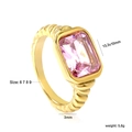 Detailed view of 18K gold plated twisted ring with a large pink rectangular gemstone - Gold Pink Zirconia (RI1461F6-9G)
