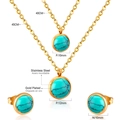 Detalle del conjunto de joyas en acero dorado con dimensiones y piedras de estilo turquesa - Estilo de Piedra Redonda Marmoleada Dorada (SE229603G)