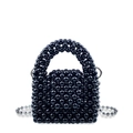 Handmade black beaded handbag with shiny finish and silver metallic ball chain strap - Black