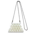 Miniature handmade white pearl beaded crossbody bag with silver metal ball chain strap - White
